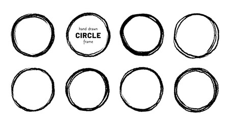 Aufkleber - Round circular logo hand drawn brush stroke icon frame element. Round logo frame hand drawn texture brush stroke. Circle doodle ink black shape. Rough grunge circular. Vector illustration.
