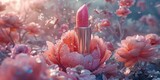 Fototapeta  - Enchanting 3D render of a magical, oversized lipstick with a blooming, rose-like bullet and tiny, fairy-like creatures dancing among the petals