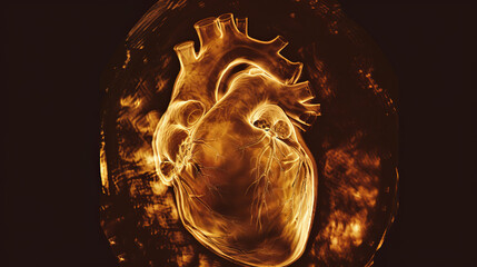  Detailed 3D rendered image of a glowing human heart with intricate details, ideal for medical or scientific illustrations