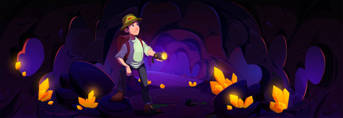 Man tourist or explorer with backpack and flashlight in dark cave with golden crystals. Cartoon vector illustration of person in underground cavern with treasure or gold mine. Dungeon with gem cluster