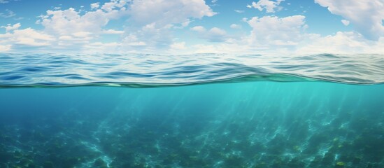 Canvas Print - The vast expanse of the ocean under a clear blue sky with fluffy white clouds floating above, creating a serene and peaceful scene