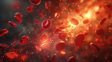 This striking image captures vibrant red blood cells illuminated with a radiant glow, conveying a sense of energy and life at a microscopic level