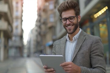 Happy young business man with tablet at work in modern urban background, Generative AI