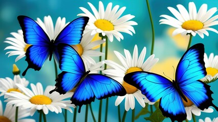 Wall Mural - colorful blue tropical morpho butterflies on delicate daisy flowers painted with oil paint