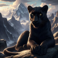 A Black Tiger With Yellow Eyes Stands On A Rock.