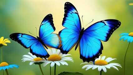 Wall Mural - colorful blue tropical morpho butterflies on delicate daisy flowers painted with oil paint