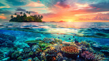 Fototapeta Do akwarium - A vibrant painting capturing the beauty of a sunset over a tropical coral reef, displaying colorful fish and intricate coral formations