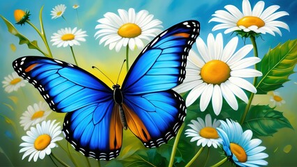 Wall Mural - colorful blue tropical morpho butterflies on delicate daisy flowers painted with oil paint