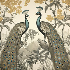 Wall Mural - Boho style wallpaper, Vintage botanical illustration of peacocks among tropical trees