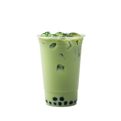 Green bubble tea with ice cubes and bubbles isolated on white background, green matcha tea 