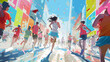 Illustration runners should wear a variety of colored clothing and bib numbers with background should be a stylized representation of a city street course.
