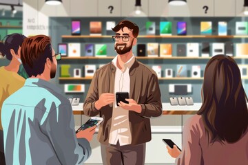 Portrait of salesman helping to people to buy a new digital device in tech shop, Generative AI