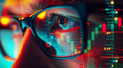 Wall Mural - A close-up of an eye reflecting vibrant digital stock market data through glasses.