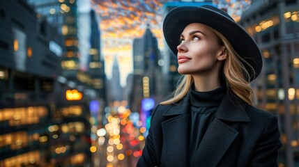 Wall Mural - A stylish woman in a black hat stands outdoors, gazing up at the sky