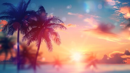 Wall Mural - A blurry view of a tropical beach, featuring palm trees and sand