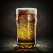Steamed glass mug of cold beer isolated on dark back. Generative AI	

