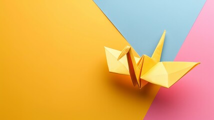 Yellow origami crane on pastel color, AI Generative