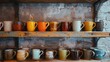 Coffee Mugs on Shelves in Vintage Style Café
