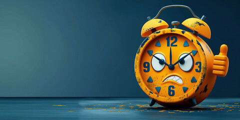 Sticker - Cartoon character angry sad yellow alarm clock pointing hands on a blue background with copy space. Deadline