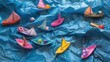 Colorful pool noodle boats crafted by kids, floating in a makeshift 