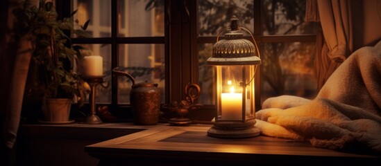 Canvas Print - A candle placed on a table, gently illuminating the surroundings, positioned beside a window with natural light streaming in