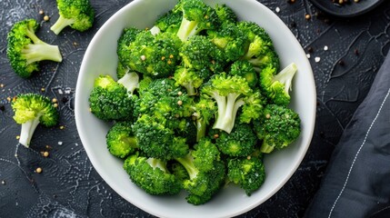 Wall Mural - Steamed broccoli florets on a white plate.