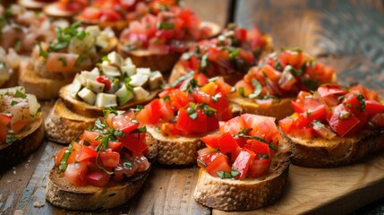 Wall Mural - Bruschetta with fresh tomatoes and basil on rustic wooden table.