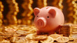 A ceramic piggy bank stands amid piles of gold coins against a dark background.