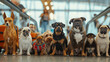 A diverse group of domestic dogs sitting patiently in an airport setting, waiting for their owners