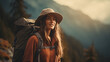 Smiling Young Woman in Stylish Hat Enjoying Autumn Outdoors Adventure,beautiful young woman tourist with a backpack in an orange jacket on a hike in the mountains. tourism and outdoor travel. hiking 