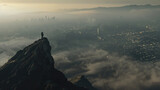 Fototapeta Kuchnia - A city covered in smog with a single person standing on a mountaintop looking down