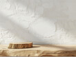 © praewpailyn - The simplicity of a wooden table podium in a close-up shot, where the natural grain meets the purity of a stone white wall, setting a serene stage for product presentation