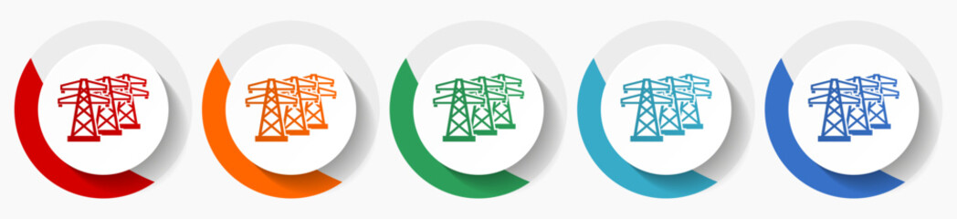 Aufkleber - Power line, energy towers vector icon set, flat icons for logo design, webdesign and mobile applications, colorful round buttons