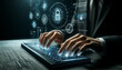 Hands of a data protection officer working with a high-tech keyboard. Above this futuristic keyboard, design holographic data privacy controls that are both sophisticated and symbolic of advanced secu