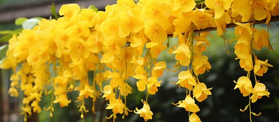 Poster - Bright yellow blossoms dangle gracefully from a tree branch in a peaceful garden setting under the warm sun