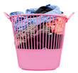 Pink laundry basket with colorful clothes