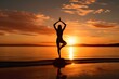 © Mockup Lab - silhouette of a woman doing yoga against a sunset beach and sky, yogi, meditation
