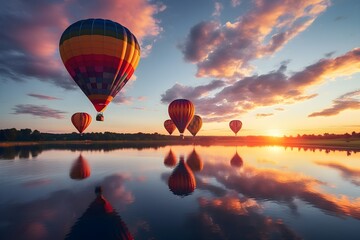 Rainbow Hot air balloons flying over a lake against a sunset sky