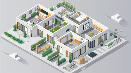 Poster - an isometric icon depicting a modern co-living space with shared amenities and green spaces, promoti