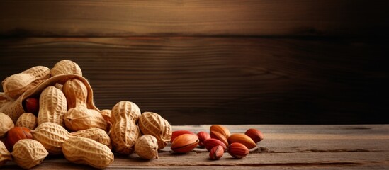 Canvas Print - Assorted peanuts and almonds are arranged in a heap on a rustic wooden surface