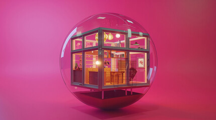 Poster - A tiny artistic studio with a cube cutout facade, encapsulated in a glass globe, against a rich magenta background.