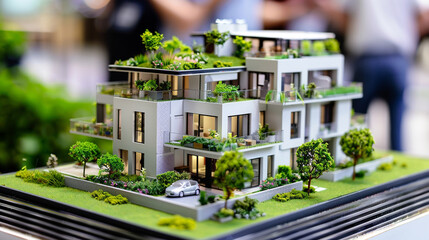 Canvas Print - A real estate marketing professional displaying a miniature eco-friendly apartment building, highlighting green roofs and energy-efficient features, at a sustainable living fair.