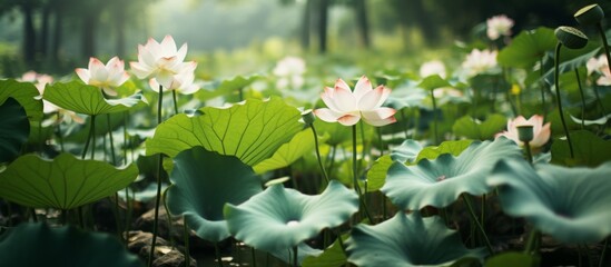 Poster - Numerous beautiful lotus flowers in various stages of blooming surrounded by a field of vibrant green leaves