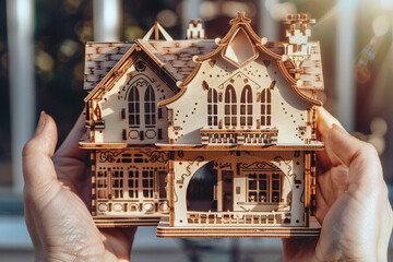 Wall Mural - A pair of hands holding a detailed miniature wooden house, with sunlight casting soft shadows on the intricate windows and doors.