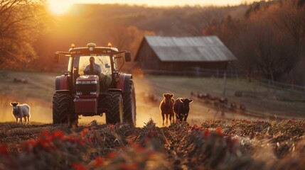 A bustling farm with farmers tending to crops and livestock