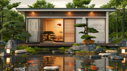 Poster - A minimalist Japanese-inspired miniature house with sliding doors, a tranquil koi pond, and a meticulously maintained bonsai garden, conveying a sense of peace and simplicity.