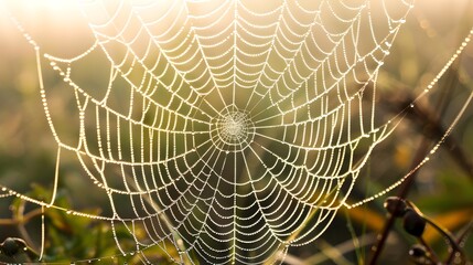 Wall Mural - Intricate Dew Kissed Spider Web in the Morning Light