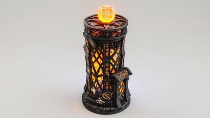 Poster - A detailed 3D printed model of a fantasy wizard's tower, with magical symbols and a glowing orb atop, showcased on a white background to ignite imagination.