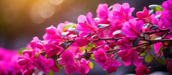 Poster - Vivid purple flowers are in full bloom on a slender branch, basking in the warm sunlight of a beautiful day