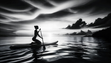 Wall Mural - Black and white silhouette of a woman on a stand-up paddle board at sunset, minimal summer joy concept illustration